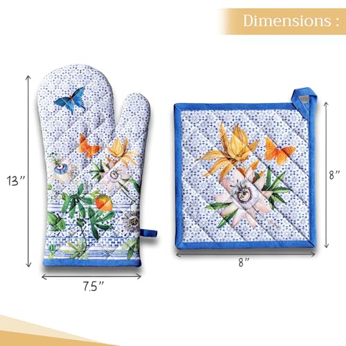 100% Cotton Oven Mitt & Pot Holder Set (087 - Passiflora / 7.5" x 13" & 8" x 8" (Oven Mitt & Pot Holder))