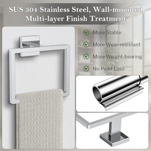 Polished Chrome Towel Ring Square Hand Towel Holder Towel Hanger Bathroom Hardware Accessories Stainless Steel Wall (Polished Chrome / 1 Pc)