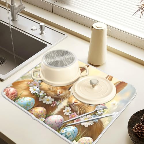 Cute Rabbit Bunny Easter Eggs Dish Drying Mat for Kitchen Counter Absorbent Microfiber Small Drying Pad Dish Mats for Kitchen Countertops 16 x 18 Inch (18" x 16")