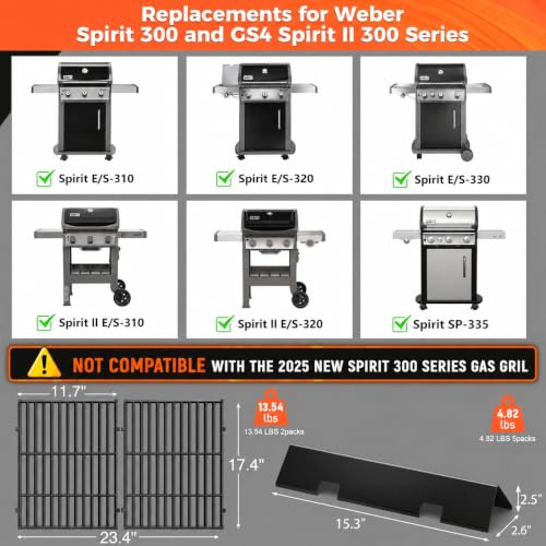 Grill Parts Replacement 7638 Grates 7636 Flavorizer Bars for Weber Spirit 300 & Gs4 II 300 Series Grills (D3 7638+7736)