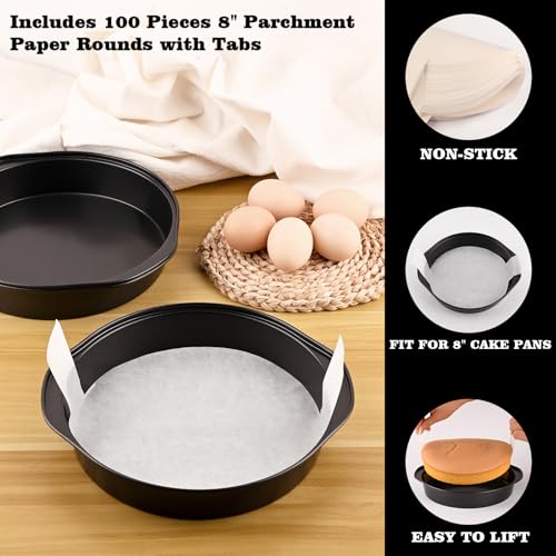 3 Pcs 8 Inch Round Cake Pans with 100 Pieces Parchment Paper (8 Inch with Handles)