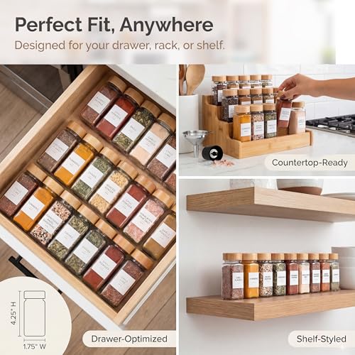Glass Spice Jars with Label (Square Spice Jars with Bamboo Lids)