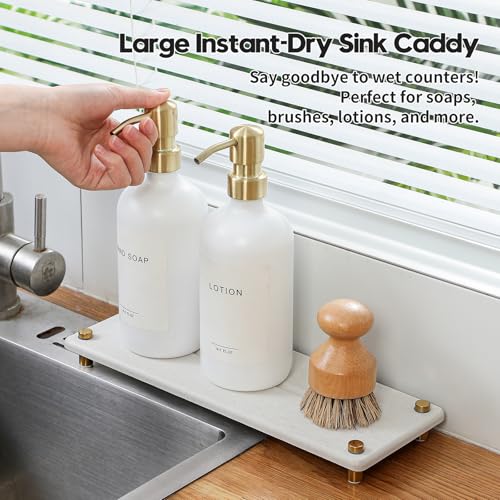 Water Absorbing Stone Sink Caddy Kitchen Sink Organizer Tray (12.5"x 4.5" - Beige - Gold)