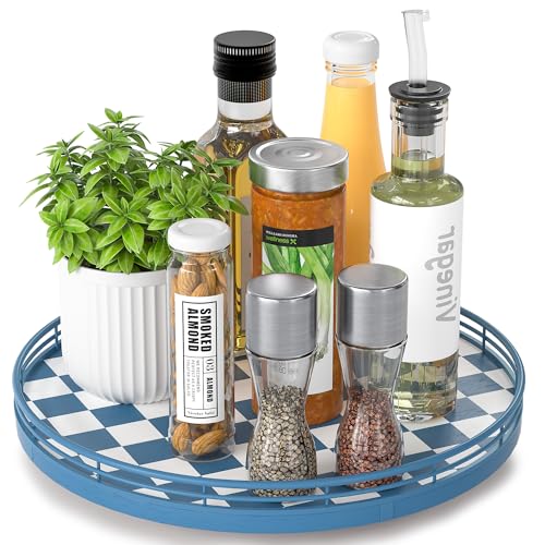 Blue and White Checkerboard Lazy Susan with Rubberwood Base and Metal Rail (Blue & White / 12 inches)