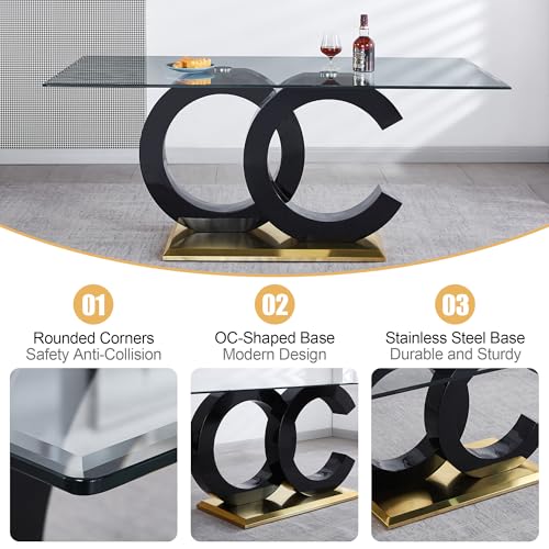 7 Piece Glass Dining Table Set for 6 (Black Table & Gold Grey Chair / 7-Piece Set-OC-Shaped Table)