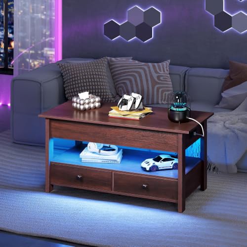 Lift Top Coffee Table with LED and 2 Drawers (Led+espresso / 39" with Drawer)