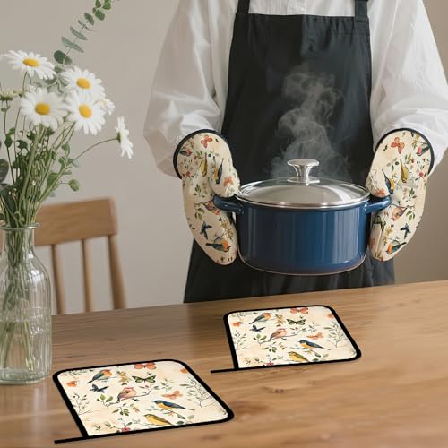 Vintage Butterfly Bird Oven Mitts and Pot Holders Set (4 Count)