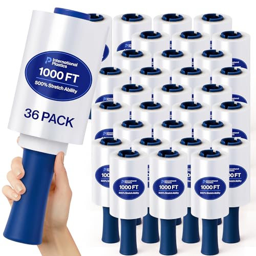 5" Plastic Stretch Film Wrap with Rotating Handle 1000 feet 500% Stretch Ability (36 Pack / 5" Spinning Handles)