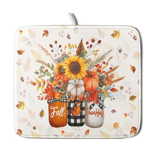 Autumn Pumpkin Dish Drying Mat 16x18 Inch Sunflower Flower Vase Washable Draining Mat with Hanging Loop Seasonal Holiday Home Decoration (Pumpkin Vase / 16" x 18")