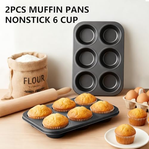 2PCS Jumbo Muffin Pan 6 Cup Cupcake Tin Nonstick Carbon Steel (Gray / Jumbo 6 cup)