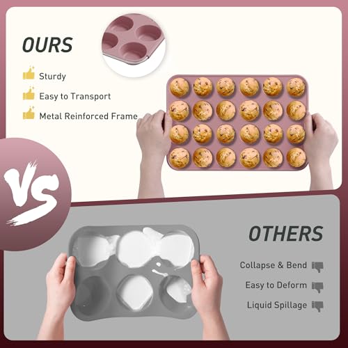 2 Pack 24 Cups Mini Muffin Pan with Metal Reinforced Frame Silicone Molds Cake Pans Egg Bites Silicone Circle Cookie Molds Muffin Tin Tart Pans Non Stick Toxic Oven Safe Baking Sheet Set (2pc: 24-Cup Mini / Morandi Pink)