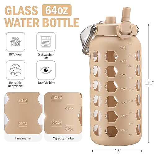 64oz Glass Water Bottle with Straw and Lid (Amber / 64 Ounces)