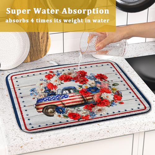 American Flag Dish Drainer Mat Flowers Absorbent Dish Rack Pad for Kitchen Coffee Bar Sinks (Patriotic Truck Blue / 18" x 16")