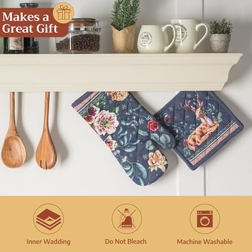 Maison d'Hermine Oven Gloves 100% Cotton Oven Mitt (086 - Christmas Joy / 7.5" x 13" (Oven Mitt))