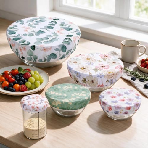 5Pcs Reusable Beeswax Elastic Bowl Covers for Bread Proofing and Food Cover (Eucalyptus Leaves)
