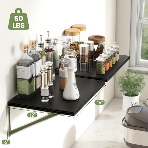 16W x 12D Deep Floating Shelves Set of 4 Black (Black With Black Metal Bracket / 16wx12dx5.8h)