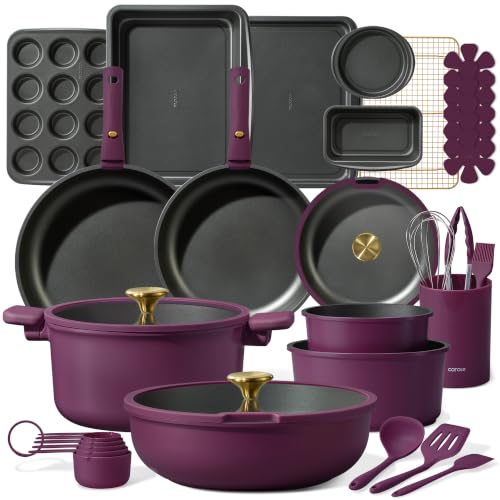 32pcs Pots and Pans Set Non Stick (Gold Ultra Violet / 32 Piece)