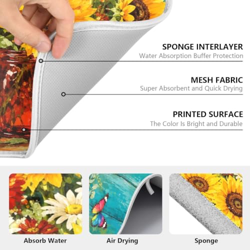 Spring Summer Floral Jar Dish Drying Mat for Kitchen Counter Absorbent Microfiber Small Drying Pad Dish mats for Kitchen Countertops 16 x 18 Inch (Spring Summer Floral Jar / 18" x 16")
