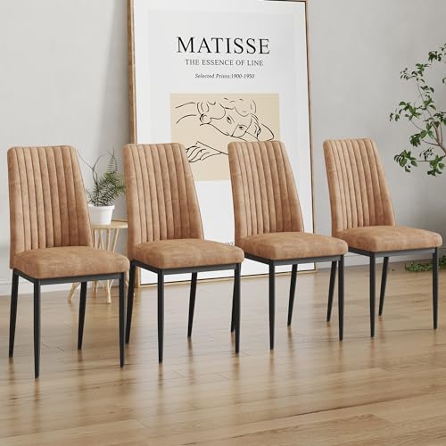 Modern Dining Chairs Set of 4 Kitchen Chairs Set Leathaire Fabric Chair with Metal Leg High Back Upholstered Chair for Dinner Room (B- Brown)