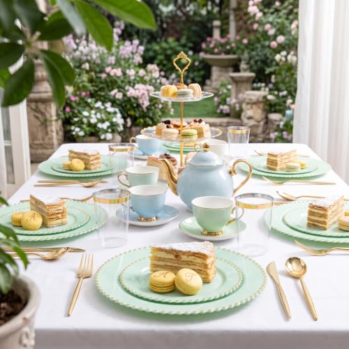 180Pcs Sage Green Plastic Plates for Wedding Party Supplies (Green and Gold Plastic Dinnerware Set / 180PCS)