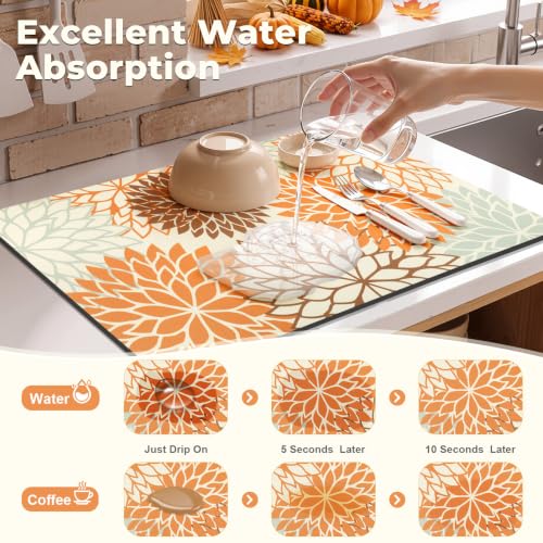 Fall Dish Drying Mat 12" x 20" Absorbent Floral Coffee Mat Orange (Orange / 12" x 20")