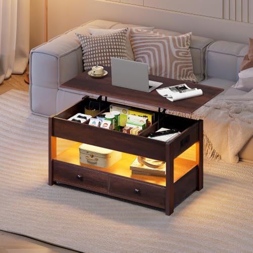Lift Top Coffee Table with LED and 2 Drawers (Led+espresso / 39" with Drawer)
