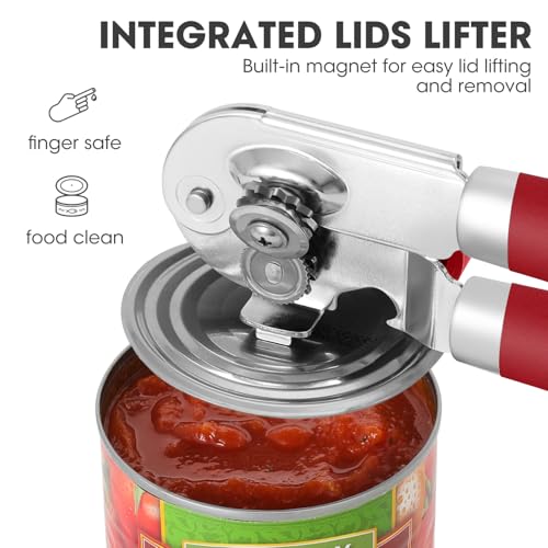 Manual Can Opener Hand Held with Magnet for Home Kitchen (Red)