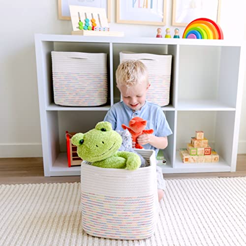 Storage Cubes 11 Inch Cotton Rope Woven Baskets for Organizing (Off White & Rainbow Stitching)