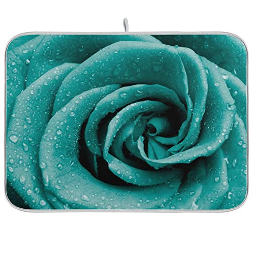Super Absorbent Dish Drying Mat (Hipster Turquoise Rose Petals / 16" x 18")