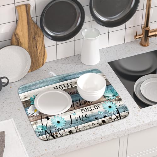 Daisy Floral Dish Drying Mat 16x18 Inches Rustic Wood Microfiber Absorbent Reversible Dish Draining Pad Fast Dry Kitchen Accessories (Home Happiness Wood / 16" x 18")