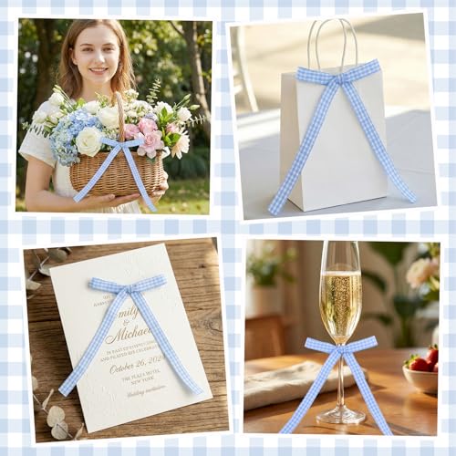 30 Pack Bow Cake Toppers Blue Gingham Ribbon Bows for Cake (Blue Plaid)