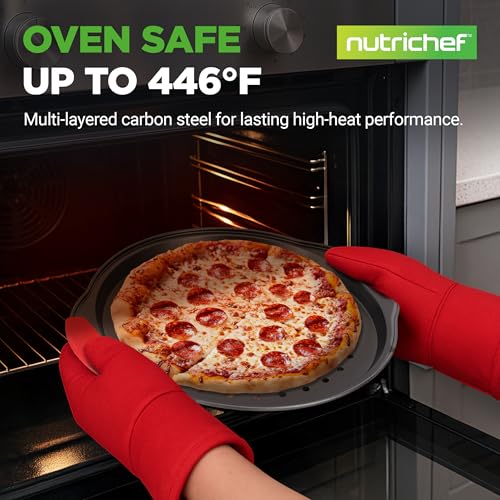 2-Piece 13-Inch Nonstick Pizza Tray, Round Carbon Steel Non-Stick Pizza Pan with Perforated Holes, Premium Bakeware Pizza Screen with Silicone Grip Handles, Dishwasher Safe, NCBPIZX2 (2 Count)