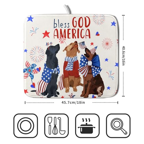 4th of July Patriotic Dogs Dish Drying Mat American Independence Day Dish Dry Pad 16"x18" Absorbent Dishes Drainer Mat for Kitchen Counter (Patriotic Dogs / 16" x 18")