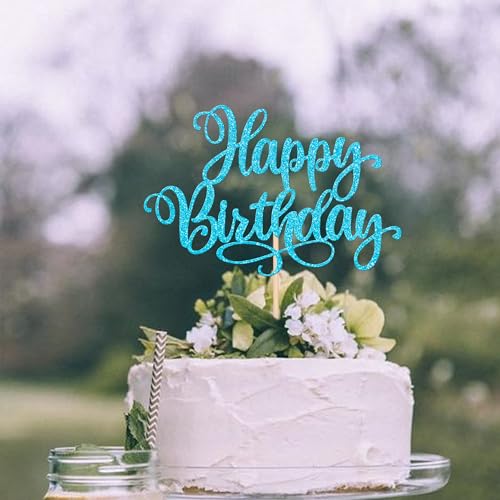 1 PCS Happy Birthday Cake Topper Glitter Cake Pick for Celebrating Anniversary Party Cake Decorations Supplies Lake Blue