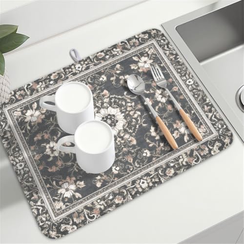 Boho Floral Dish Drying Mat Grey Leaves Dishes Drainer Pad 18x24 Inch Microfiber Absorbent Kitchen Dry Rack Mat for Counter Tableware Decor (Grey Boho Floral / 18x24 inch)