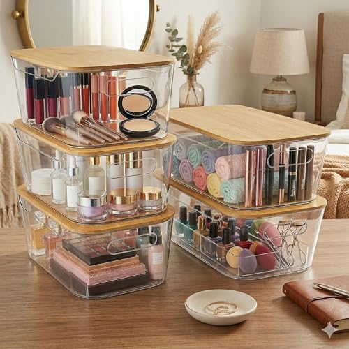 6 Pack Clear Stackable Storage Bins with Bamboo Lids (6 Pack Storage Bins with Lids)