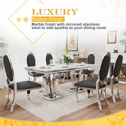 7 Piece Luxury Dining Room Set (Silver White + Black / Dining Table + 6 Oval Chairs)