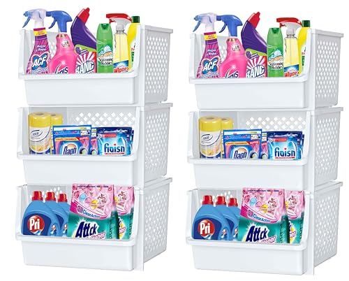 XLarge Stackable Storage Bins Open Front for Pantry Storage (6 Pack - XLarge / White)