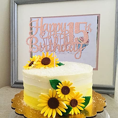 1 PCS Happy 15th Birthday Cake Topper Glitter Cheers to 15 Years Birthday Cake Pick Mis Quince 15 Fabulous Cake Decoration for Happy 15th Birthday Theme Party Decorations Supplies Rose Gold (Rose Gold / 15th)