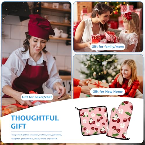 Cherry Oven Mitts and Pot Holders Sets Heat Resistant 4Pcs White Flower Potholders Oven Gloves Hot Pads for Kitchen Baking Cooking Grilling BBQ (Cherry Flower)