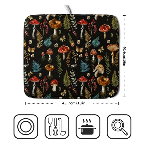 Mushroom Forest Dish Drying Mat Fern Leaves Black Drainer Mat for Kitchen Countertop 16 X 18 Inch (Mushroom - Black / 18" x 16")