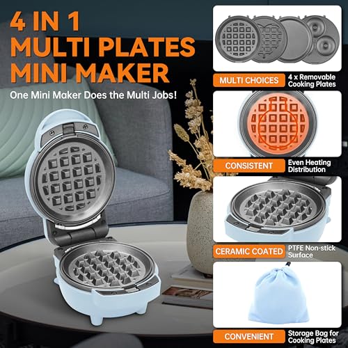 4 in 1 Mini Waffle Maker with Removable Plates (Blue)