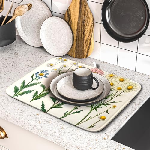 Vintage Wildflowers Dish Drying Pad Daisy Floral Microfiber Drainer Rack for Coffee Bar 16 X 18 Inch (Blossom Daisy 1104 / 18" x 16")
