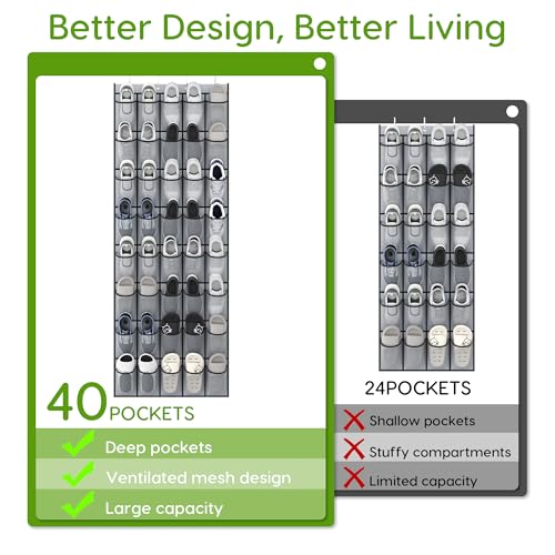 Over the Door Shoe Organizer with 40 Large Breathable Mesh Pockets (Grey / 80 Pockets)