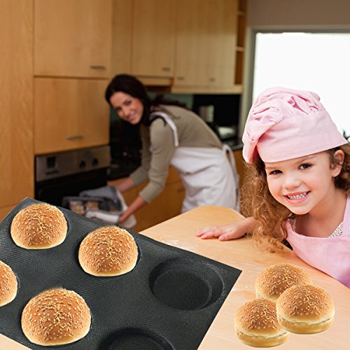 Silicone Bun Bread Form Round Shape Bread Tray Perforated Bakery Molds (6 Caves 4" Round Shape For Bun)
