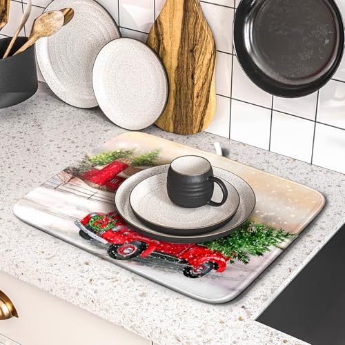 Red Truck Dish Drying Mat Xmas Tree Dish Drainer Rack Mat Winter Microfiber Absorbent Drying Pad for Home Kitchen Counter Decor 16x18 Inch (Xmas Red Truck / 16" x 18")