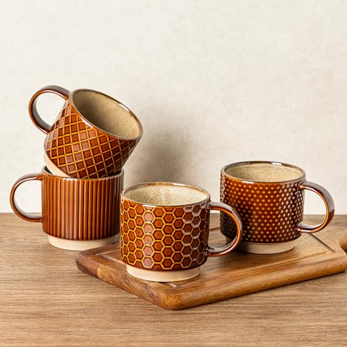 12 OZ Stackable Coffee Mugs Set of 4 (Caramel / 12 Ounces)