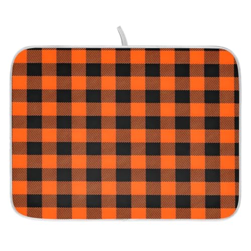 Halloween Dish Drying Mat for Kitchen Counter Absorbent Microfiber Small Drying Pad Black Orange Buffalo Plaid Check Dish Mats for Kitchen Countertops 16 x 18 Inch (Halloween Buffalo Plaid / 18" x 16")
