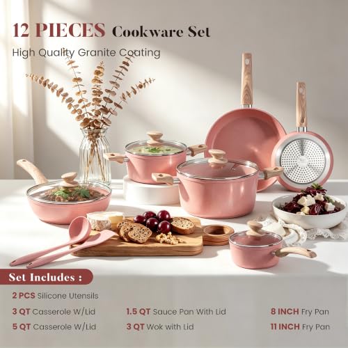 Induction Pots and Pans Set Non Stick (Pink / 12 PCS Cookware Set)