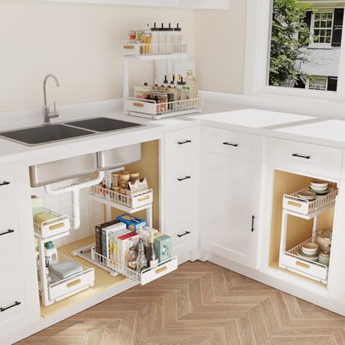 2 Pack Under Sink Organizer with Ball Bearing Sliding Drawer (2 Pack Double Layer / White)
